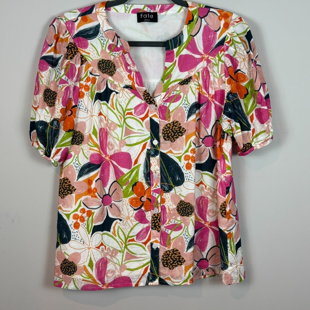 Fate Womens Floral‎ Lined Bubble Sleeve Button Front Blouse Womens Medium Fairy
